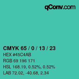 カラーコード: CMYK 65 / 0 / 13 / 23 | qconv.com
