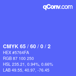 カラーコード: CMYK 65 / 60 / 0 / 2 | qconv.com