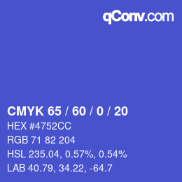 カラーコード: CMYK 65 / 60 / 0 / 20 | qconv.com