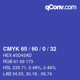 カラーコード: CMYK 65 / 60 / 0 / 32 | qconv.com