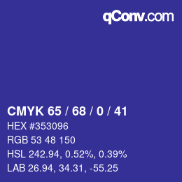 Farbcode: CMYK 65 / 68 / 0 / 41 | qconv.com