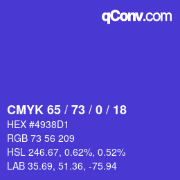 カラーコード: CMYK 65 / 73 / 0 / 18 | qconv.com