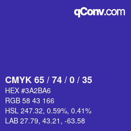 カラーコード: CMYK 65 / 74 / 0 / 35 | qconv.com
