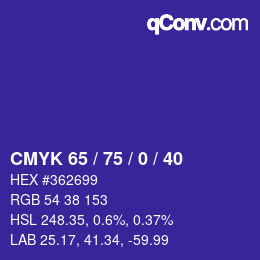 カラーコード: CMYK 65 / 75 / 0 / 40 | qconv.com