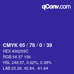 カラーコード: CMYK 65 / 76 / 0 / 39 | qconv.com