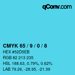 カラーコード: CMYK 65 / 9 / 0 / 8 | qconv.com