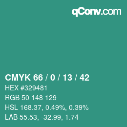 颜色代码: CMYK 66 / 0 / 13 / 42 | qconv.com