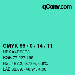 颜色代码: CMYK 66 / 0 / 14 / 11 | qconv.com