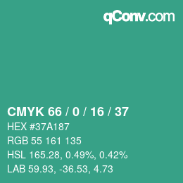 カラーコード: CMYK 66 / 0 / 16 / 37 | qconv.com