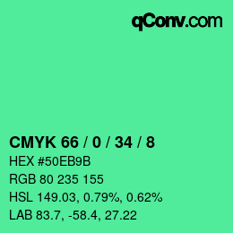 颜色代码: CMYK 66 / 0 / 34 / 8 | qconv.com