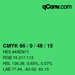 カラーコード: CMYK 66 / 0 / 48 / 15 | qconv.com