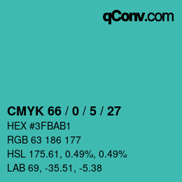 カラーコード: CMYK 66 / 0 / 5 / 27 | qconv.com