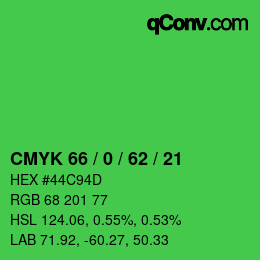 カラーコード: CMYK 66 / 0 / 62 / 21 | qconv.com