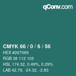 Color code: CMYK 66 / 0 / 6 / 56 | qconv.com
