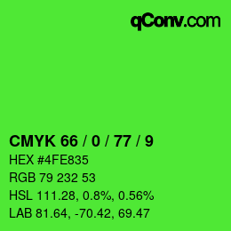 カラーコード: CMYK 66 / 0 / 77 / 9 | qconv.com