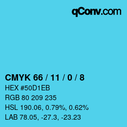 カラーコード: CMYK 66 / 11 / 0 / 8 | qconv.com