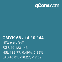 Farbcode: CMYK 66 / 14 / 0 / 44 | qconv.com