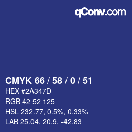 カラーコード: CMYK 66 / 58 / 0 / 51 | qconv.com
