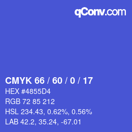 カラーコード: CMYK 66 / 60 / 0 / 17 | qconv.com