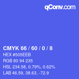 カラーコード: CMYK 66 / 60 / 0 / 8 | qconv.com