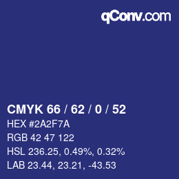 Color code: CMYK 66 / 62 / 0 / 52 | qconv.com