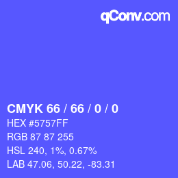 Code couleur: CMYK 66 / 66 / 0 / 0 | qconv.com
