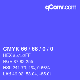 カラーコード: CMYK 66 / 68 / 0 / 0 | qconv.com