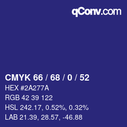 颜色代码: CMYK 66 / 68 / 0 / 52 | qconv.com