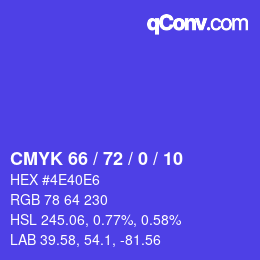 カラーコード: CMYK 66 / 72 / 0 / 10 | qconv.com