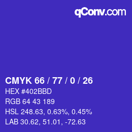 颜色代码: CMYK 66 / 77 / 0 / 26 | qconv.com