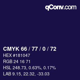 Color code: CMYK 66 / 77 / 0 / 72 | qconv.com