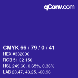 颜色代码: CMYK 66 / 79 / 0 / 41 | qconv.com