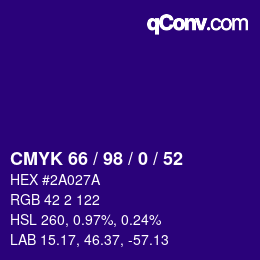 カラーコード: CMYK 66 / 98 / 0 / 52 | qconv.com