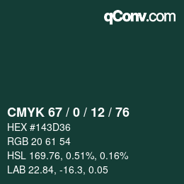 Color code: CMYK 67 / 0 / 12 / 76 | qconv.com