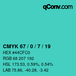 カラーコード: CMYK 67 / 0 / 7 / 19 | qconv.com