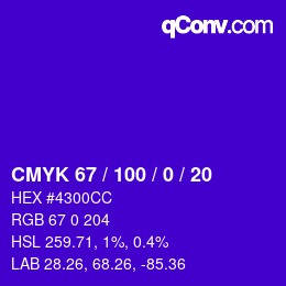 Code couleur: CMYK 67 / 100 / 0 / 20 | qconv.com