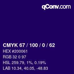 Color code: CMYK 67 / 100 / 0 / 62 | qconv.com