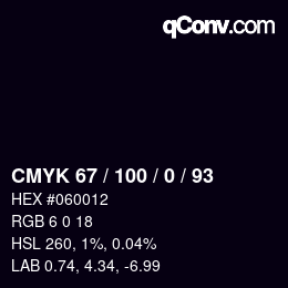 Código de color: CMYK 67 / 100 / 0 / 93 | qconv.com