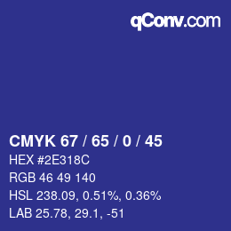 Farbcode: CMYK 67 / 65 / 0 / 45 | qconv.com