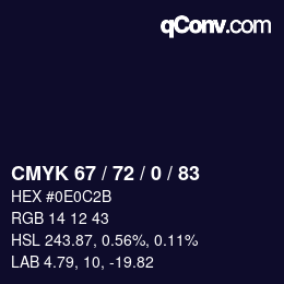 Color code: CMYK 67 / 72 / 0 / 83 | qconv.com