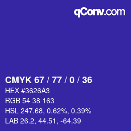 カラーコード: CMYK 67 / 77 / 0 / 36 | qconv.com