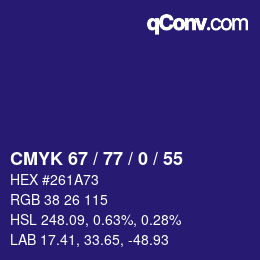 Color code: CMYK 67 / 77 / 0 / 55 | qconv.com
