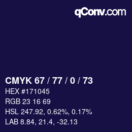 Color code: CMYK 67 / 77 / 0 / 73 | qconv.com