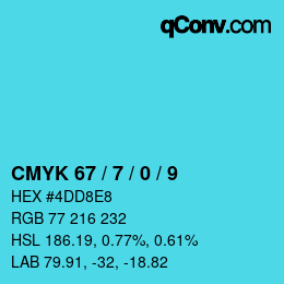 カラーコード: CMYK 67 / 7 / 0 / 9 | qconv.com