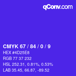 カラーコード: CMYK 67 / 84 / 0 / 9 | qconv.com