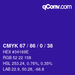 カラーコード: CMYK 67 / 86 / 0 / 38 | qconv.com