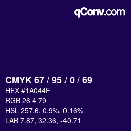 カラーコード: CMYK 67 / 95 / 0 / 69 | qconv.com