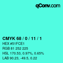 カラーコード: CMYK 68 / 0 / 11 / 1 | qconv.com
