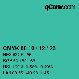 Color code: CMYK 68 / 0 / 12 / 26 | qconv.com