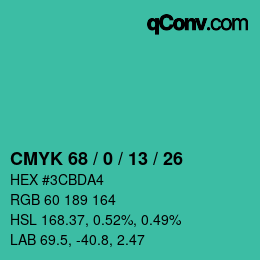 カラーコード: CMYK 68 / 0 / 13 / 26 | qconv.com